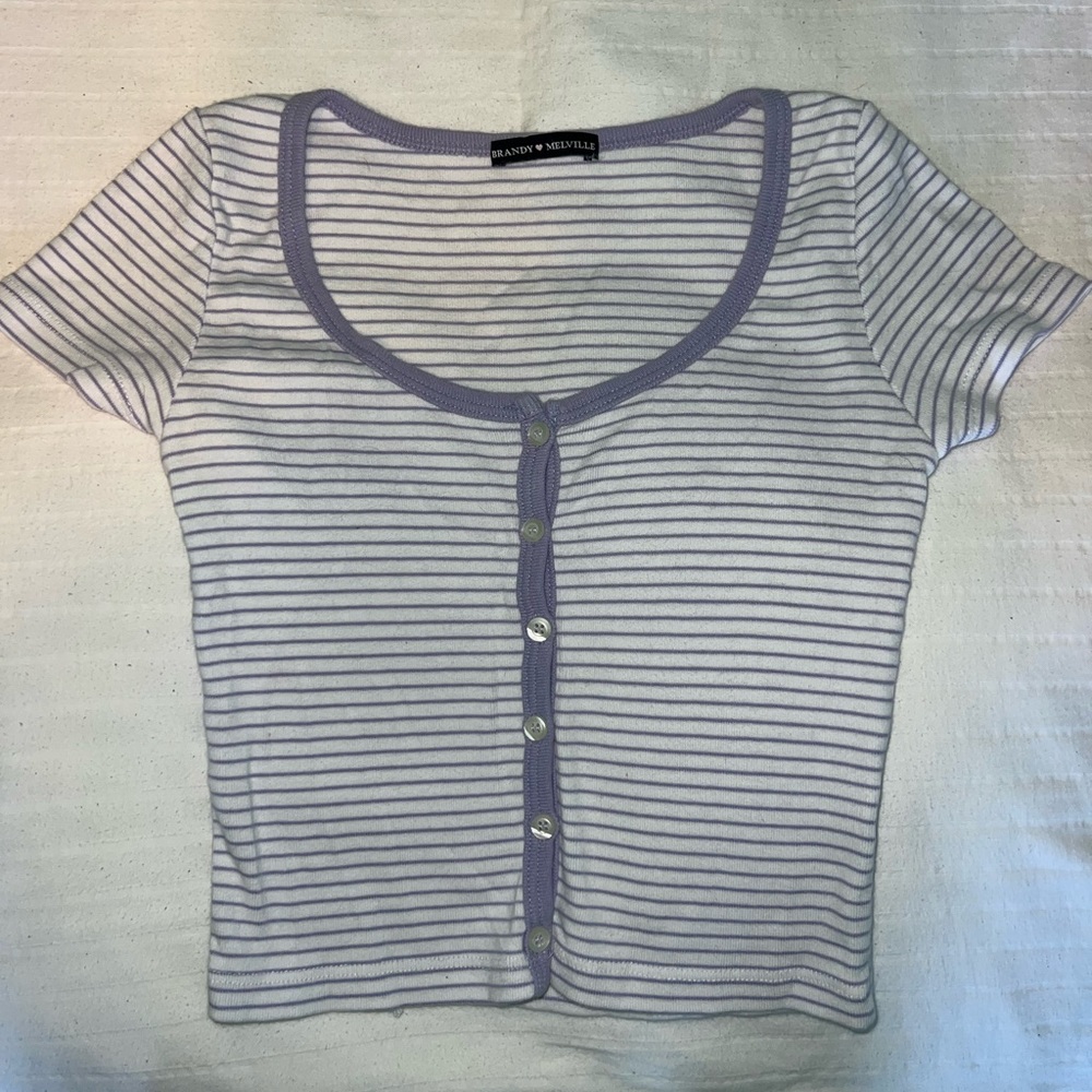 brandy melville white and purple striped crop top with buttons